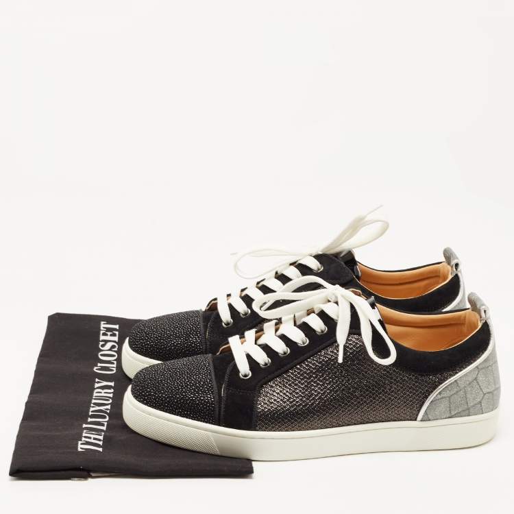 Pre Owned Christian Louboutin Black/Silver Textured Suede Glitter Low Top Sneakers Size 43
