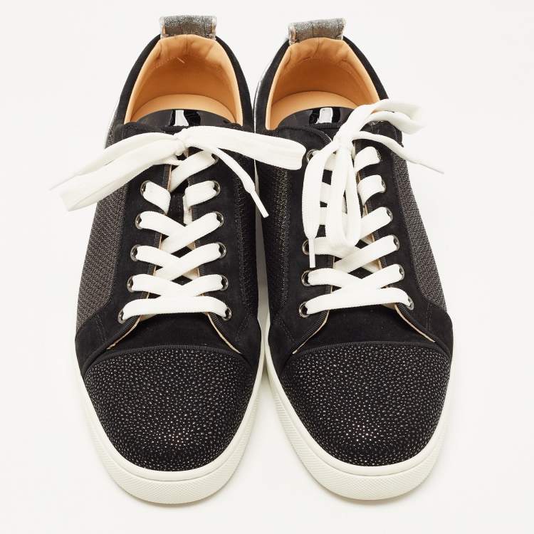 Pre Owned Christian Louboutin Black/Silver Textured Suede Glitter Low Top Sneakers Size 43