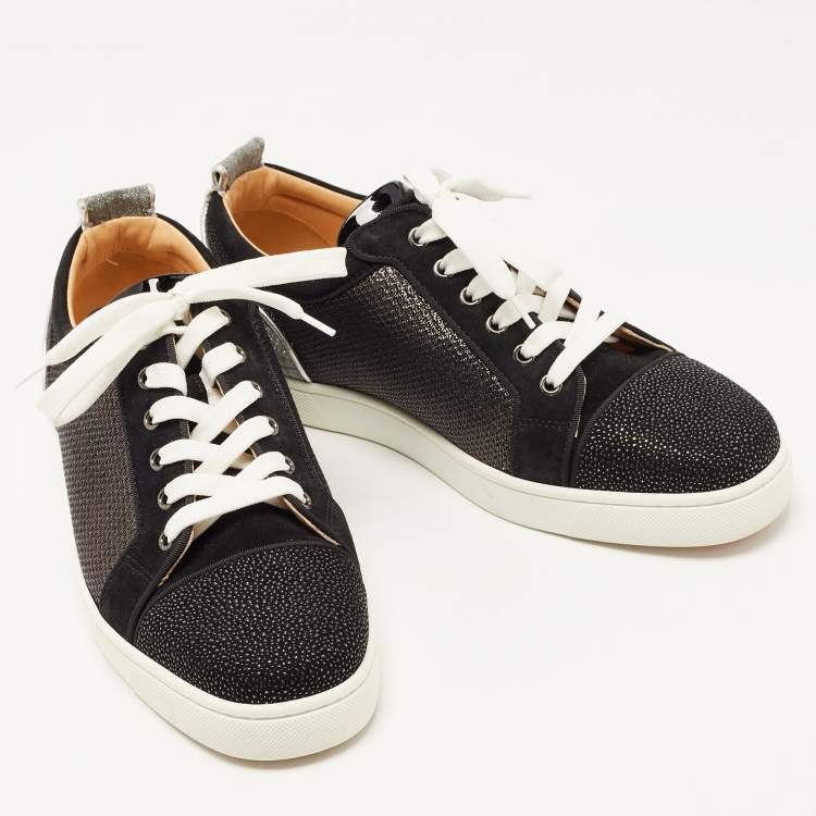 Pre Owned Christian Louboutin Black/Silver Textured Suede Glitter Low Top Sneakers Size 43