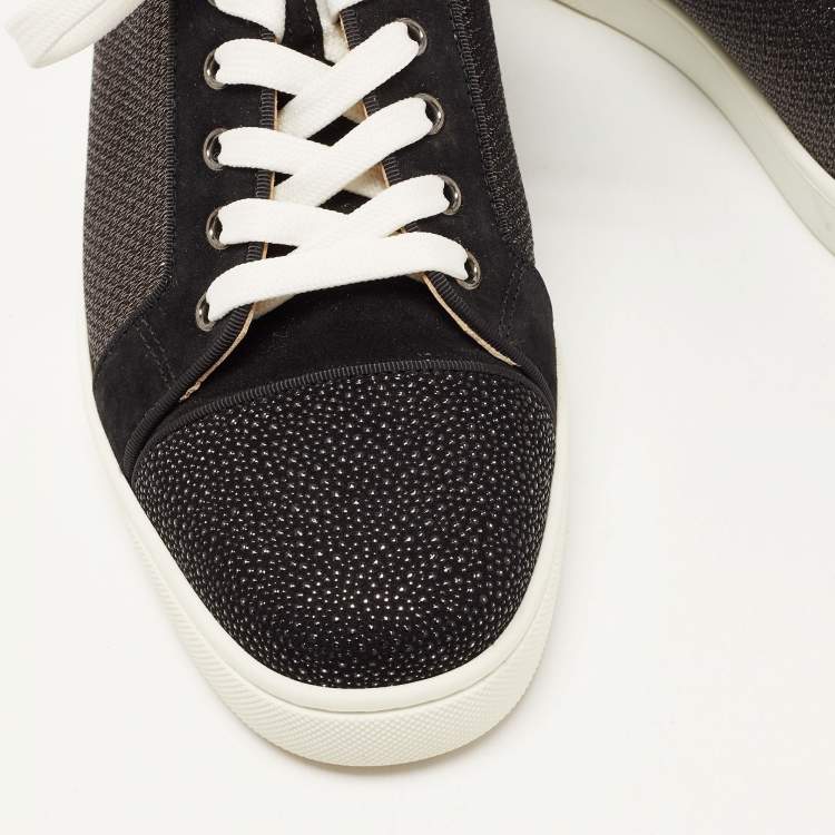 Pre Owned Christian Louboutin Black/Silver Textured Suede Glitter Low Top Sneakers Size 43