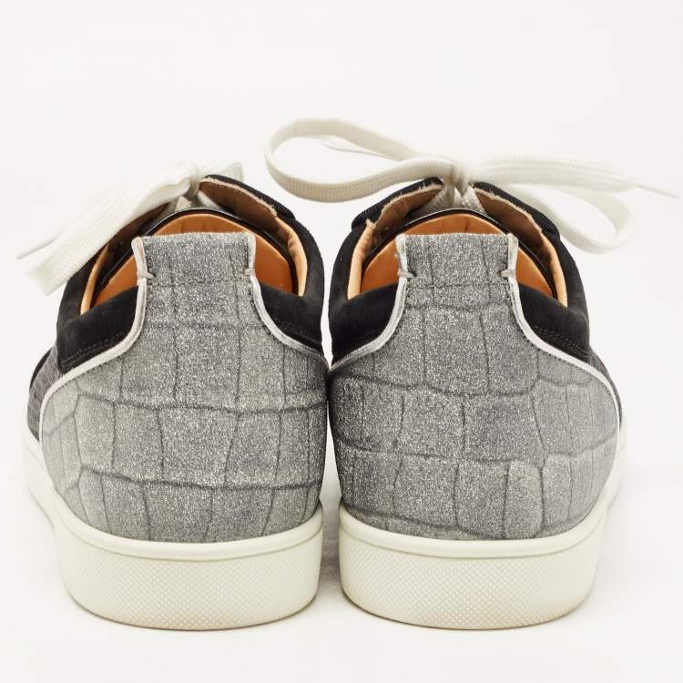 Pre Owned Christian Louboutin Black/Silver Textured Suede Glitter Low Top Sneakers Size 43