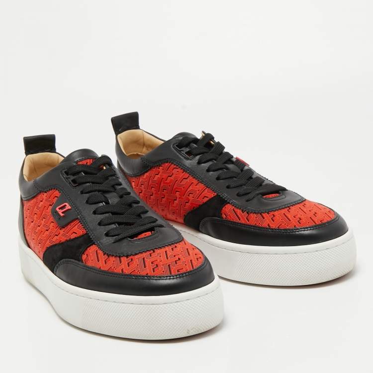 Pre Owned Christian Louboutin Red/Black Leather and Rubber Louis Junior Low Top Sneakers Size 41.5