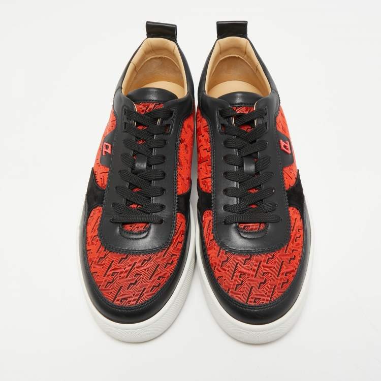 Pre Owned Christian Louboutin Red/Black Leather and Rubber Louis Junior Low Top Sneakers Size 41.5