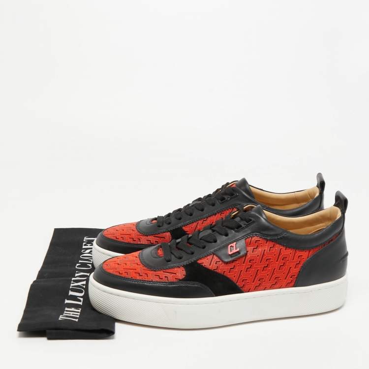 Pre Owned Christian Louboutin Red/Black Leather and Rubber Louis Junior Low Top Sneakers Size 41.5