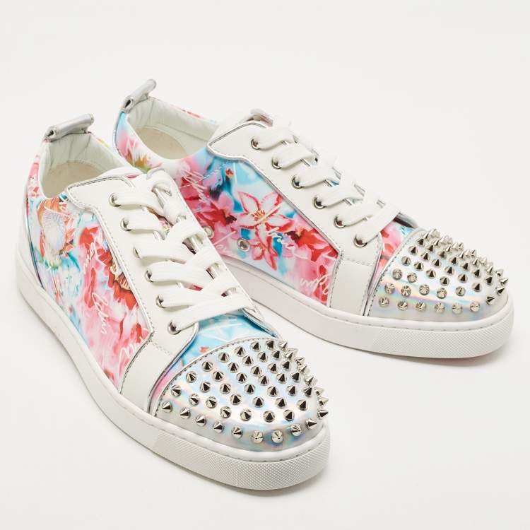 Pre Owned Christian Louboutin Multicolor Floral Print Leather and Laminated Leather Louis Spike Junior Low Top Sneakers Size 43
