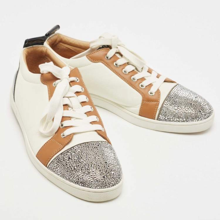 Pre Owned Christian Louboutin Multicolor Leather and Glitter Strass Cap Toe Low Top Sneakers Size 42.5
