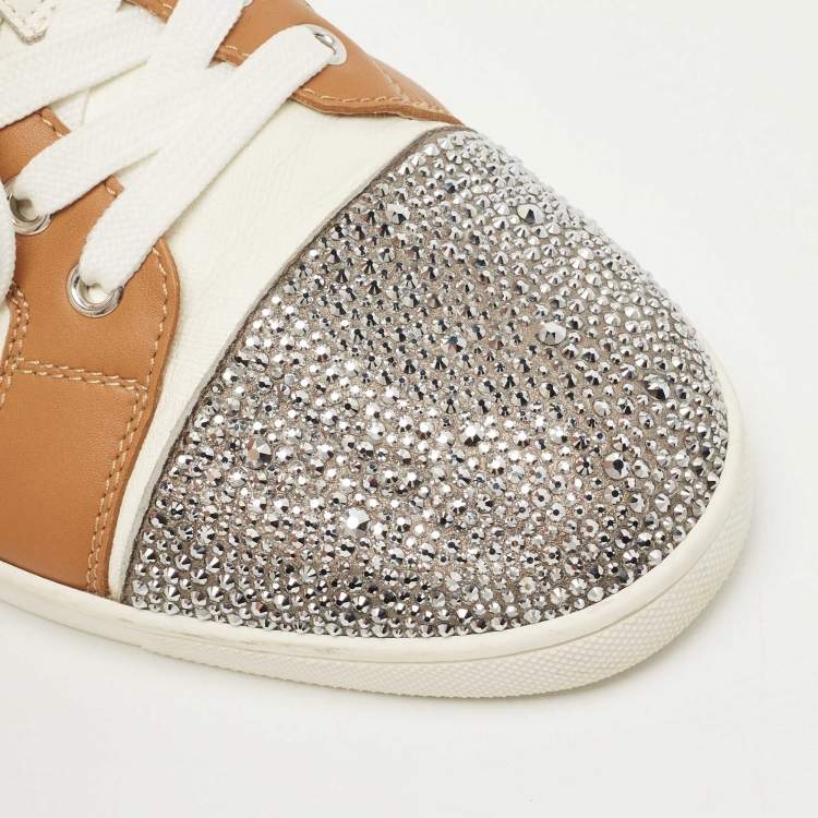 Pre Owned Christian Louboutin Multicolor Leather and Glitter Strass Cap Toe Low Top Sneakers Size 42.5