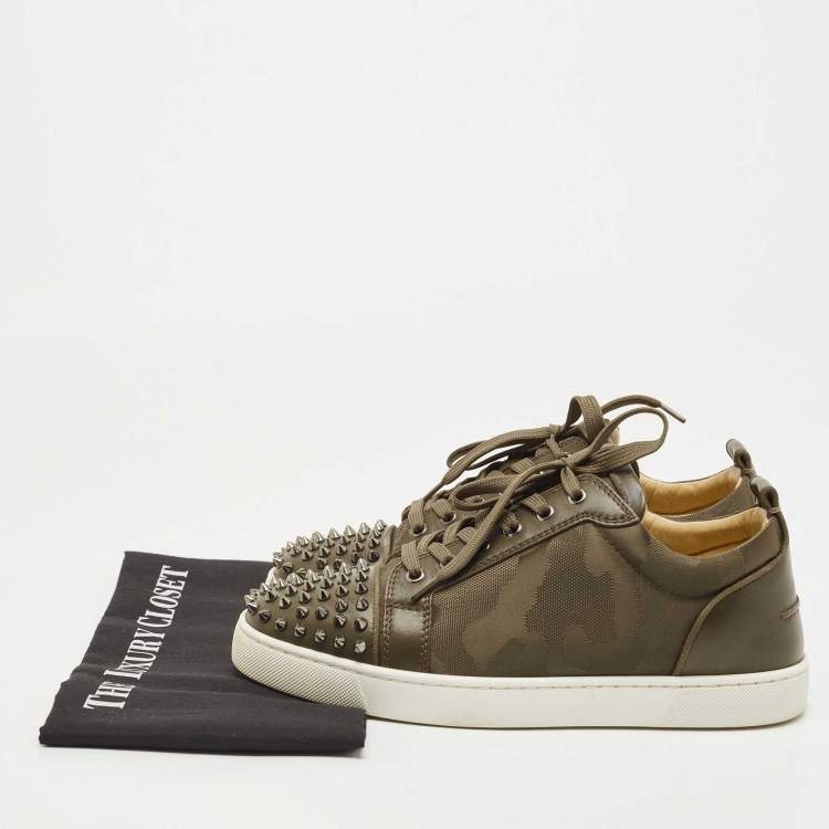 Pre Owned Christian Louboutin Army Green Leather and Canvas Louis Junior Spike Sneakers Size 42