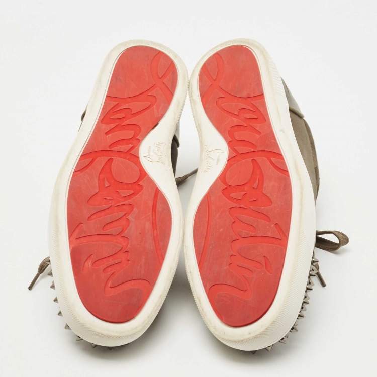 Pre Owned Christian Louboutin Army Green Leather and Canvas Louis Junior Spike Sneakers Size 42