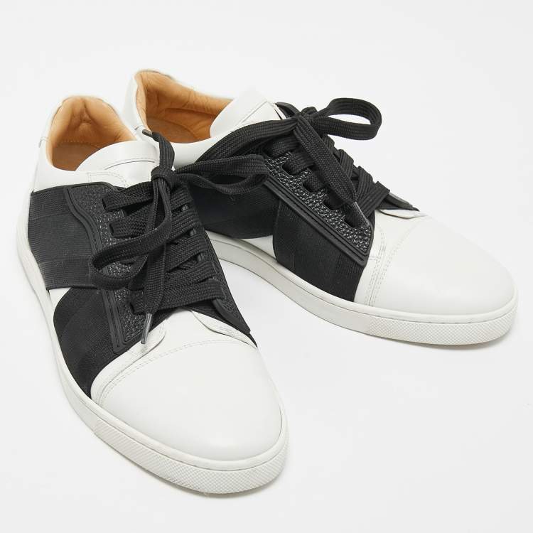 Pre Owned Christian Louboutin Black/White Leather Elastikid Donna Low Top Sneakers Size 38