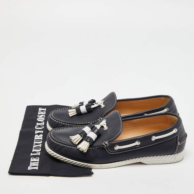 Pre Owned Christian Louboutin Navy Blue Leather Tassel Boat Loafers Size 42