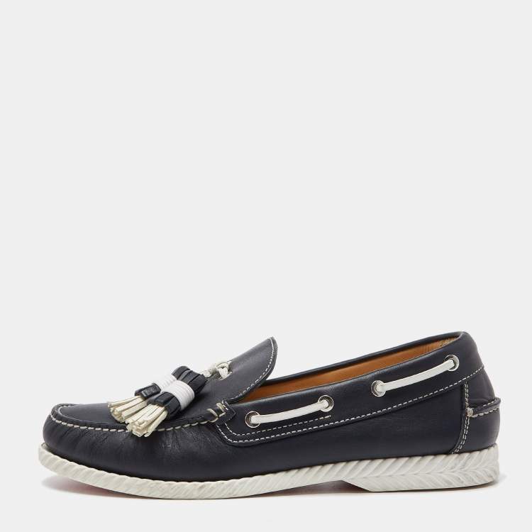 Pre Owned Christian Louboutin Navy Blue Leather Tassel Boat Loafers Size 42