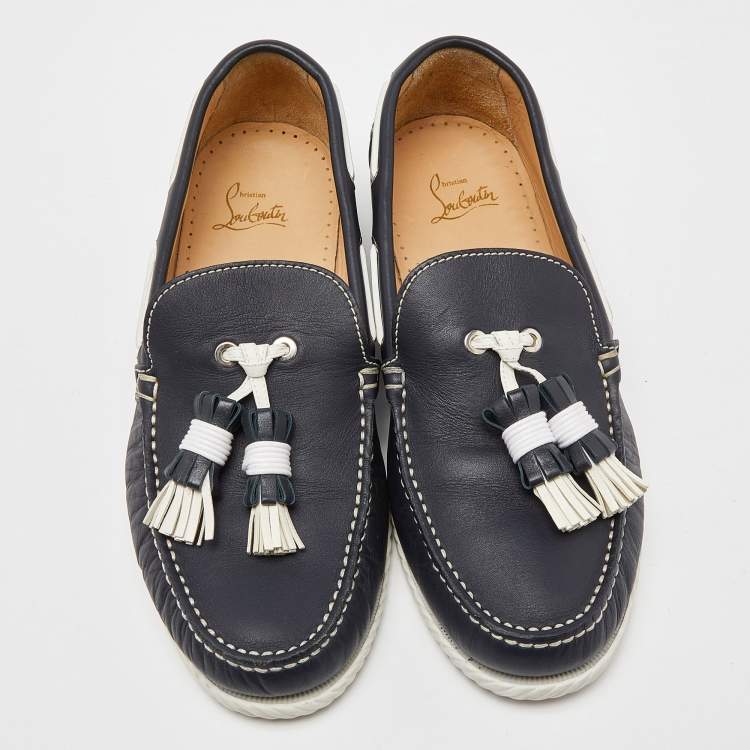 Pre Owned Christian Louboutin Navy Blue Leather Tassel Boat Loafers Size 42