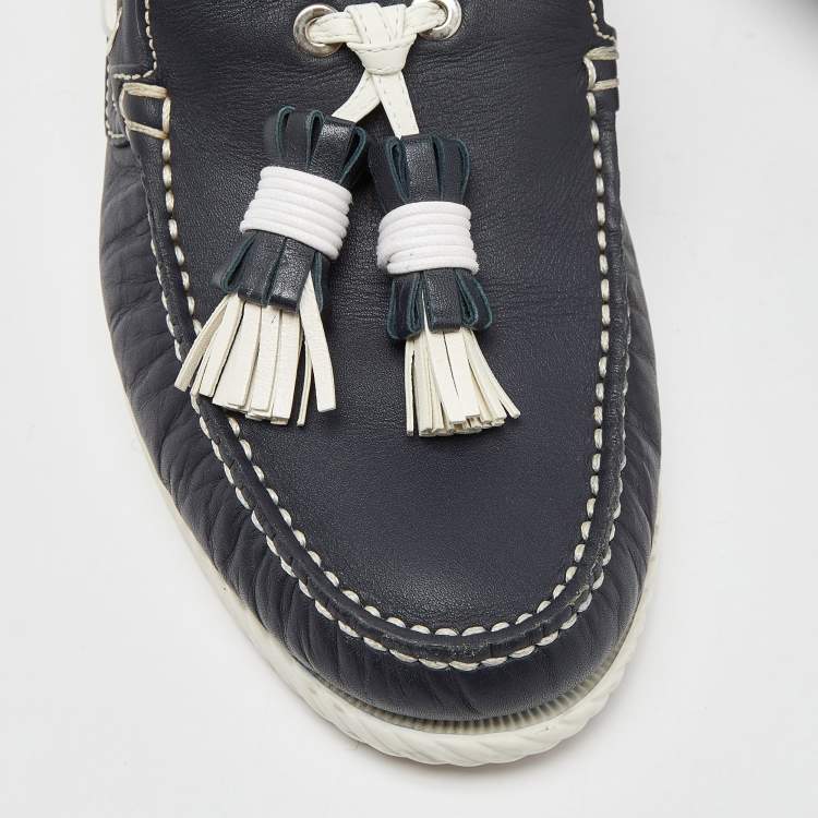 Pre Owned Christian Louboutin Navy Blue Leather Tassel Boat Loafers Size 42