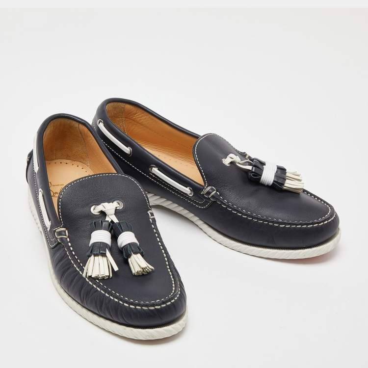 Pre Owned Christian Louboutin Navy Blue Leather Tassel Boat Loafers Size 42
