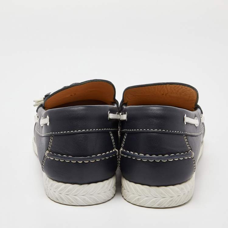 Pre Owned Christian Louboutin Navy Blue Leather Tassel Boat Loafers Size 42