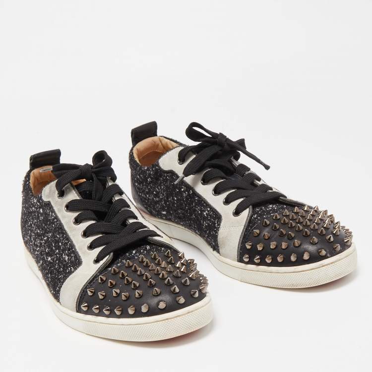Pre Owned Christian Louboutin Tricolor Leather and Fabric Louis Junior Spikes Low Top Sneakers Size 43.5