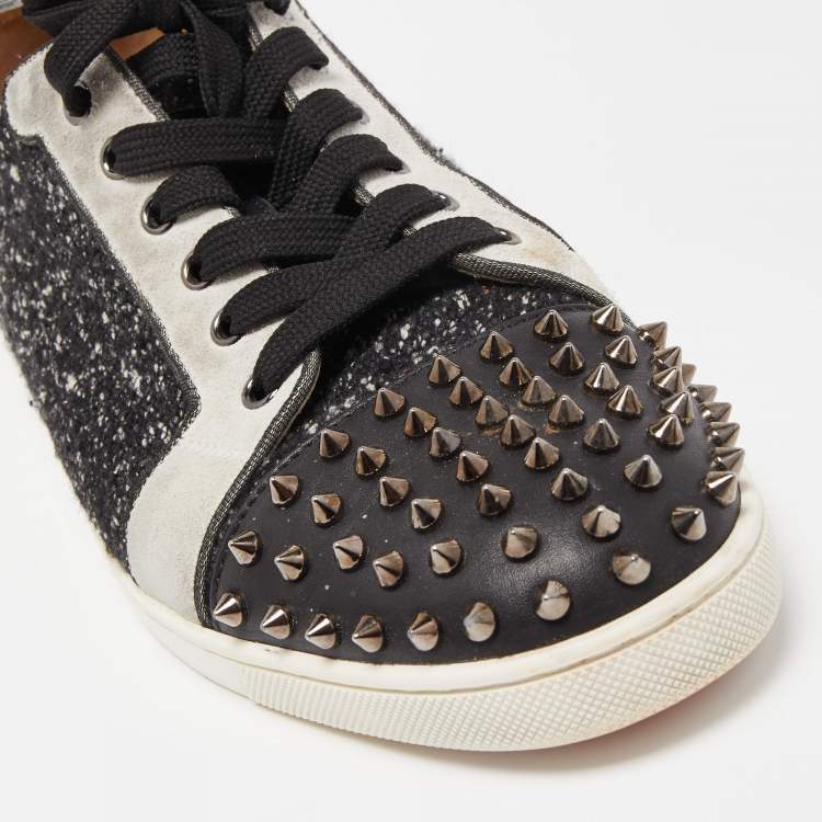 Pre Owned Christian Louboutin Tricolor Leather and Fabric Louis Junior Spikes Low Top Sneakers Size 43.5