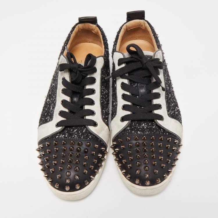 Pre Owned Christian Louboutin Tricolor Leather and Fabric Louis Junior Spikes Low Top Sneakers Size 43.5
