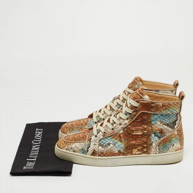 Pre Owned Christian Louboutin Metallic Mustard/Brown Python Leather Rantus Orlato High-Top Sneakers Size 45