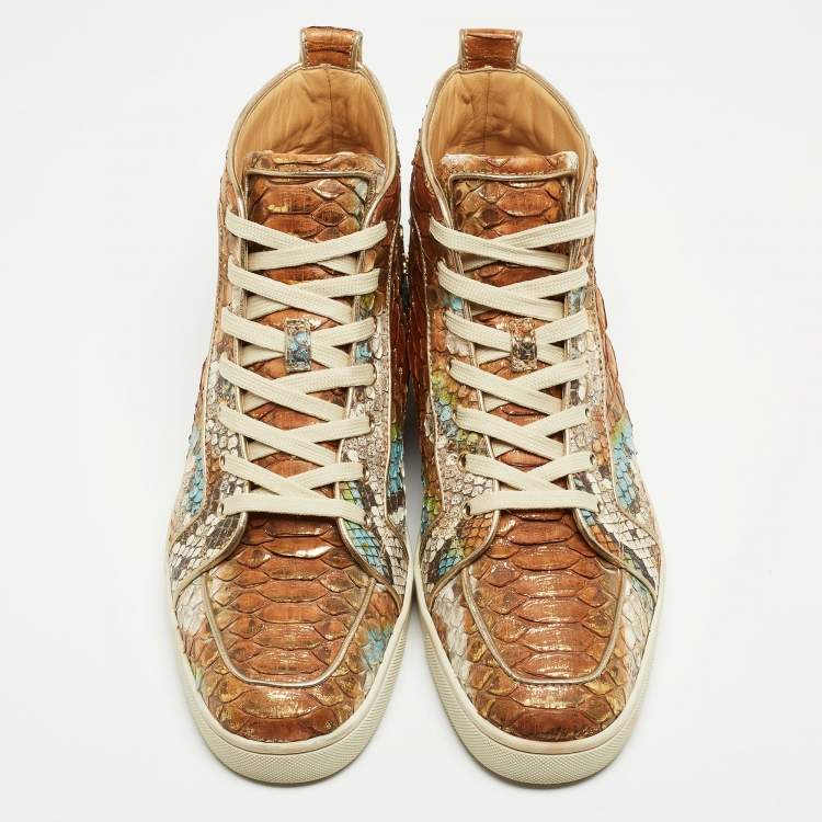Pre Owned Christian Louboutin Metallic Mustard/Brown Python Leather Rantus Orlato High-Top Sneakers Size 45