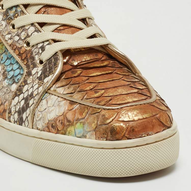 Pre Owned Christian Louboutin Metallic Mustard/Brown Python Leather Rantus Orlato High-Top Sneakers Size 45