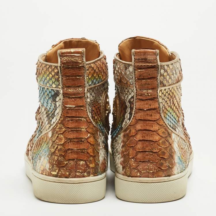 Pre Owned Christian Louboutin Metallic Mustard/Brown Python Leather Rantus Orlato High-Top Sneakers Size 45