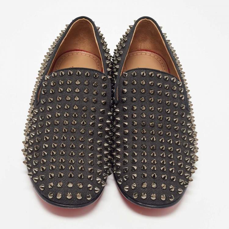 Pre Owned Christian Louboutin Black Denim Dandelion Spikes Loafers Size 43