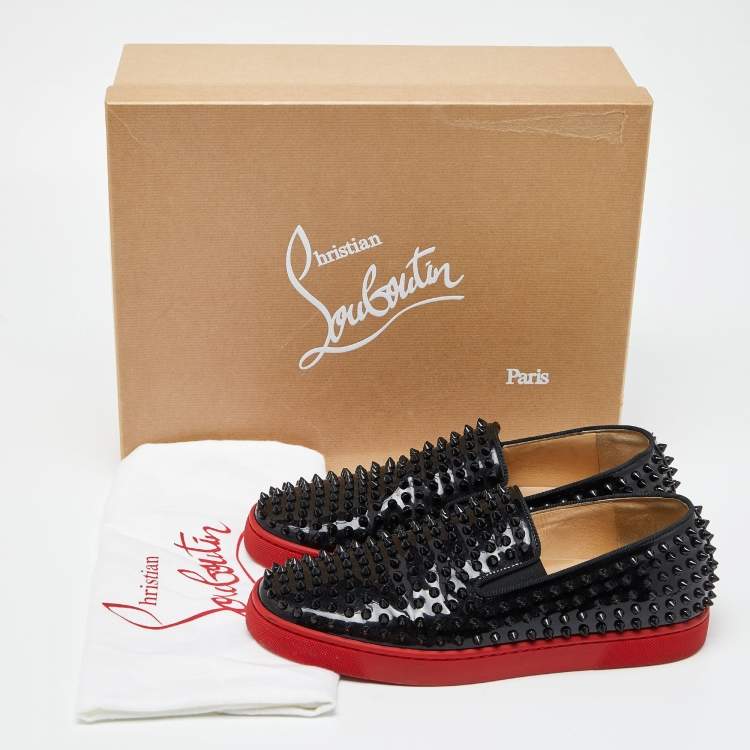 مملوكة مسبقًا Christian Louboutin Black Patent Denim Roller Boat Spike Sneakers Size 42.5
