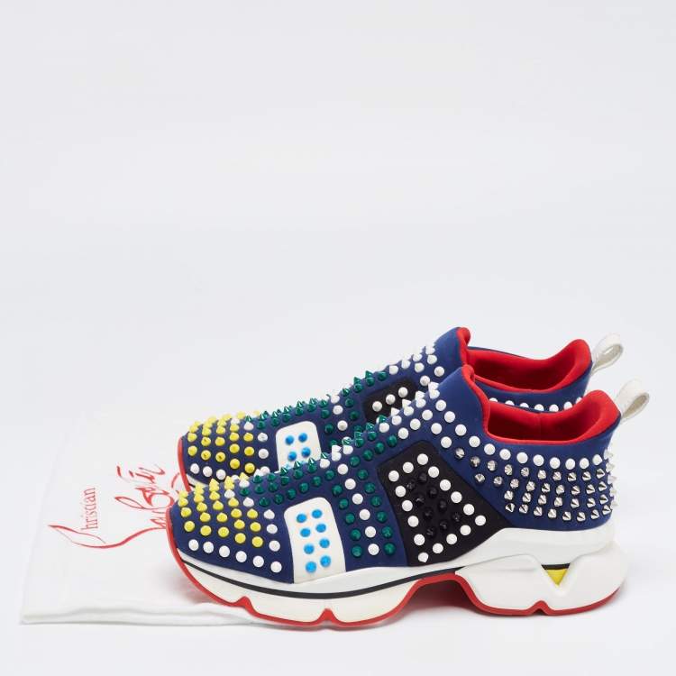 Pre Owned Christian Louboutin Navy Blue Fabric Spike Sock Sneakers Size 41