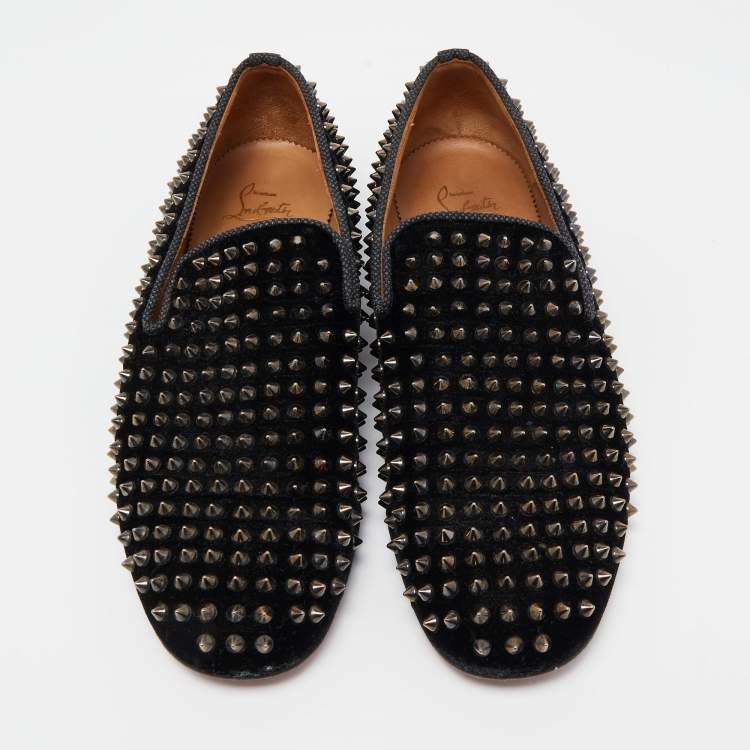 Pre Owned Christian Louboutin Black Velvet Dandelion Spikes Loafers Size 43