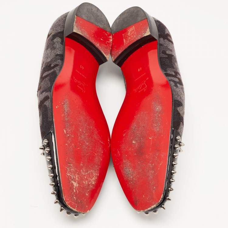 Pre Owned Christian Louboutin Black/Grey Camoflauge Felt and Patent Leather Loubi Forever Spike Loafers Size 41