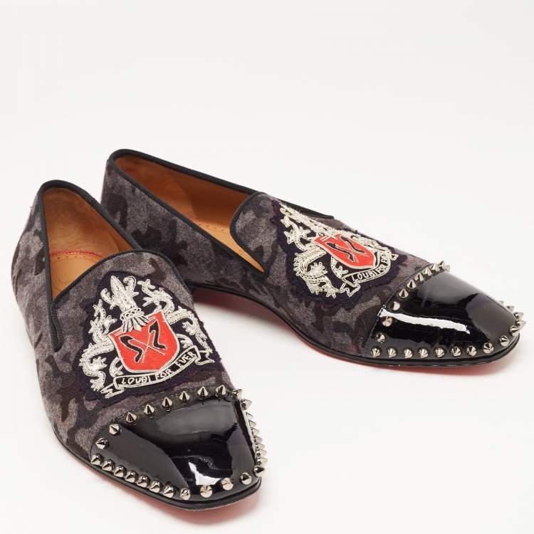 Pre Owned Christian Louboutin Black/Grey Camoflauge Felt and Patent Leather Loubi Forever Spike Loafers Size 41