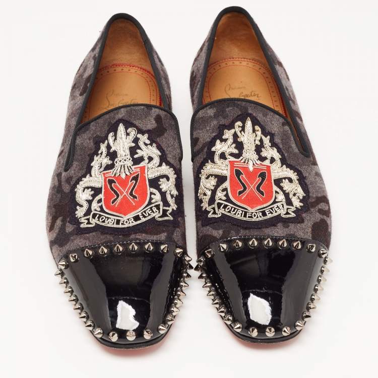 Pre Owned Christian Louboutin Black/Grey Camoflauge Felt and Patent Leather Loubi Forever Spike Loafers Size 41