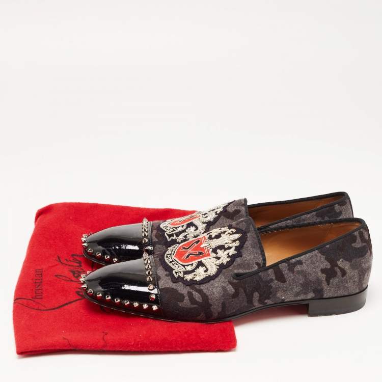Pre Owned Christian Louboutin Black/Grey Camoflauge Felt and Patent Leather Loubi Forever Spike Loafers Size 41