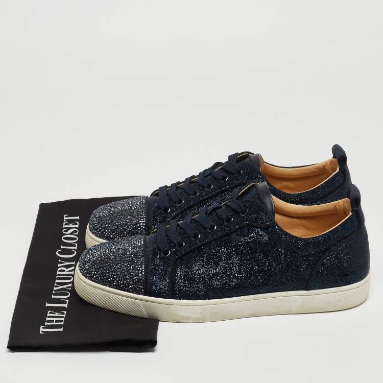 Pre Owned Christian Louboutin Navy Blue Lurex Fabric and Crystal Embellished Cap Toe Louis Junior Sneakers Size 42.5