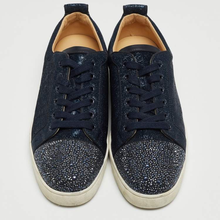 Pre Owned Christian Louboutin Navy Blue Lurex Fabric and Crystal Embellished Cap Toe Louis Junior Sneakers Size 42.5