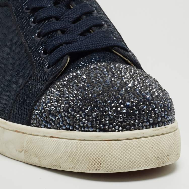 Pre Owned Christian Louboutin Navy Blue Lurex Fabric and Crystal Embellished Cap Toe Louis Junior Sneakers Size 42.5