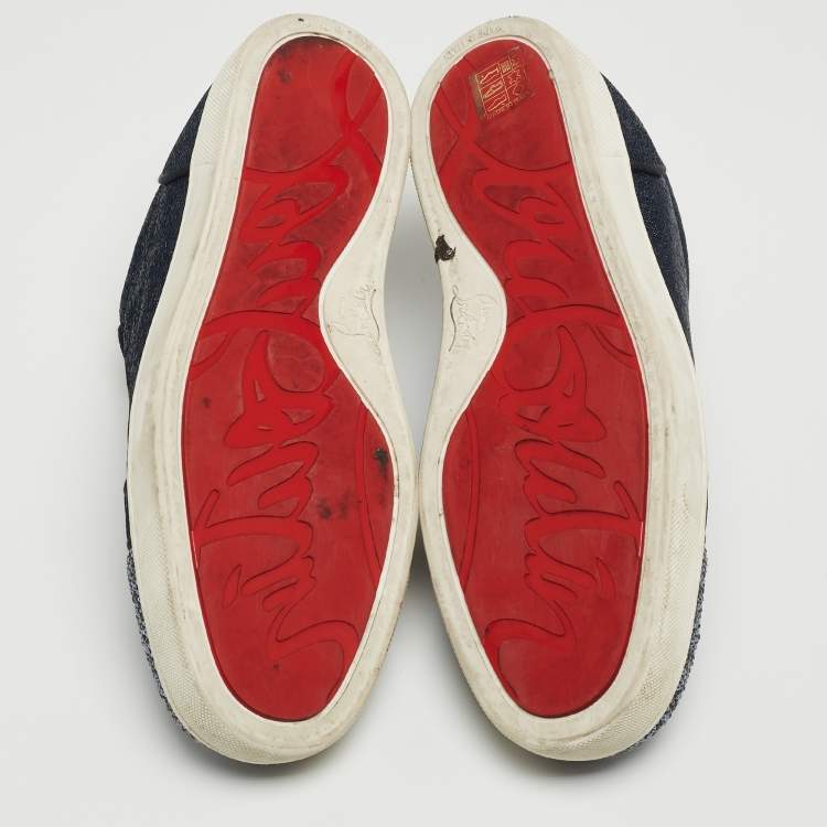 Pre Owned Christian Louboutin Navy Blue Lurex Fabric and Crystal Embellished Cap Toe Louis Junior Sneakers Size 42.5