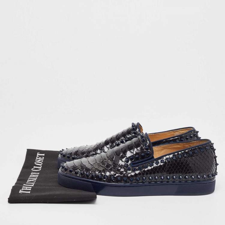 Pre Owned Christian Louboutin Black/Navy Blue Python Spike Pik Boat Sneakers Size 41.5