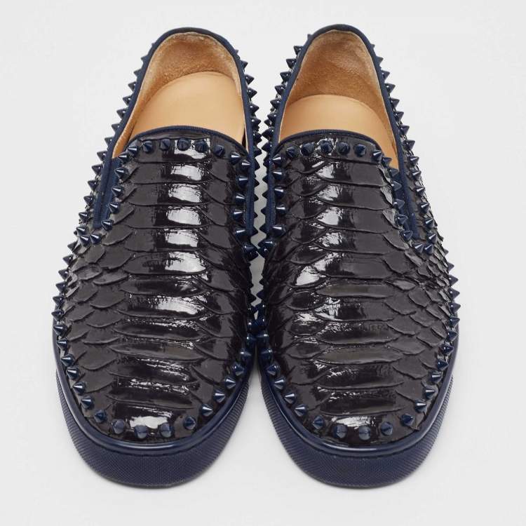 Pre Owned Christian Louboutin Black/Navy Blue Python Spike Pik Boat Sneakers Size 41.5