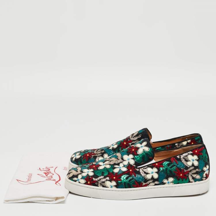 Pre Owned Christian Louboutin Multicolor Canvas And Patent Floral Applique Slip On Sneakers  Size 43.5
