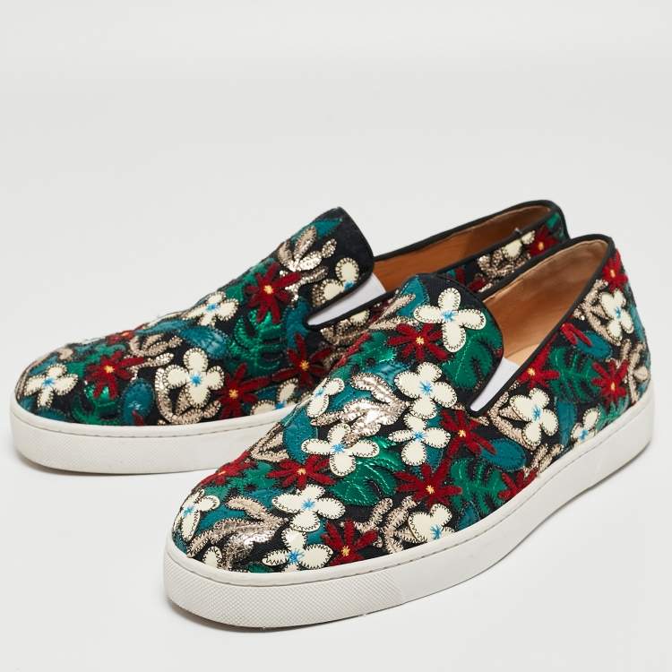 Pre Owned Christian Louboutin Multicolor Canvas And Patent Floral Applique Slip On Sneakers  Size 43.5