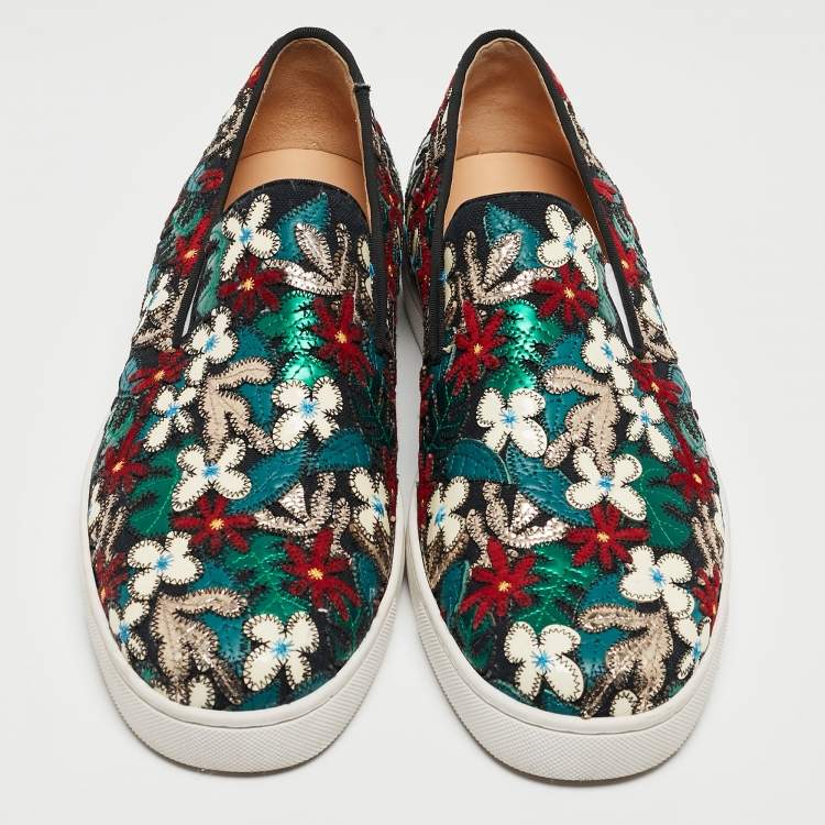 Pre Owned Christian Louboutin Multicolor Canvas And Patent Floral Applique Slip On Sneakers  Size 43.5