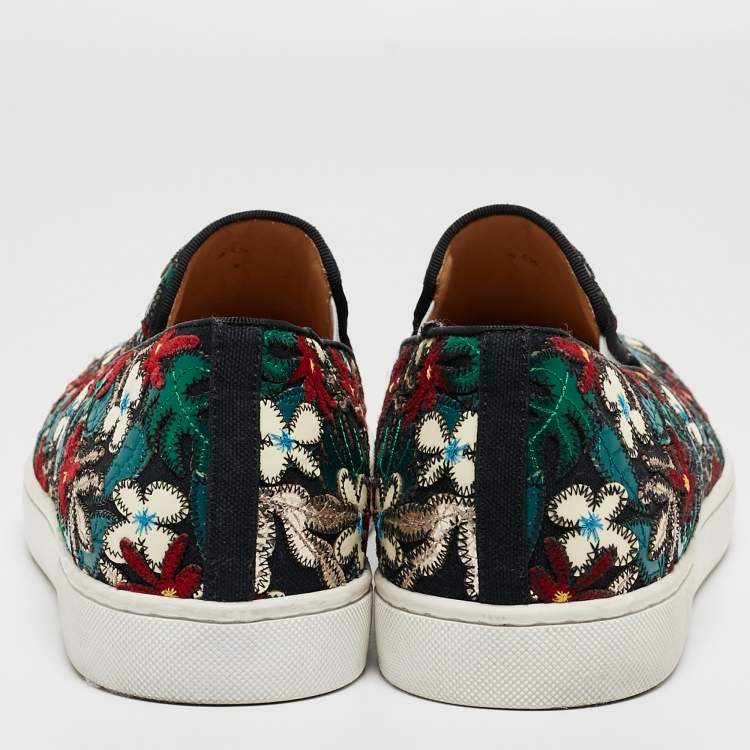Pre Owned Christian Louboutin Multicolor Canvas And Patent Floral Applique Slip On Sneakers  Size 43.5