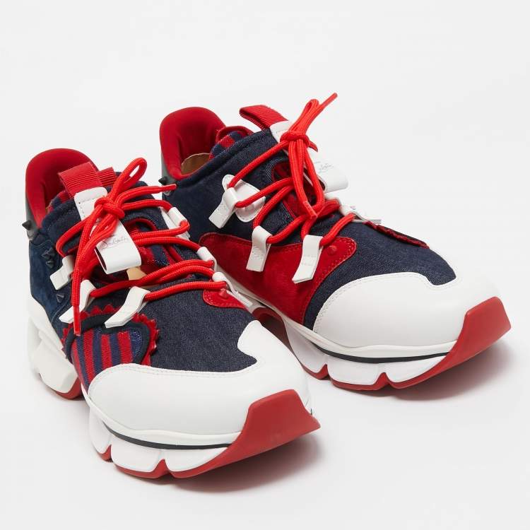 Pre Owned Christian Louboutin Denim And Leather Red-Runner Sneakers Size 43