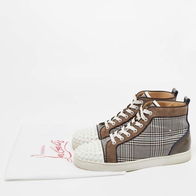 Pre Owned Christian Louboutin Multicolor Check Fabric And Leather Louis Spike High Top Sneakers Size 42.5