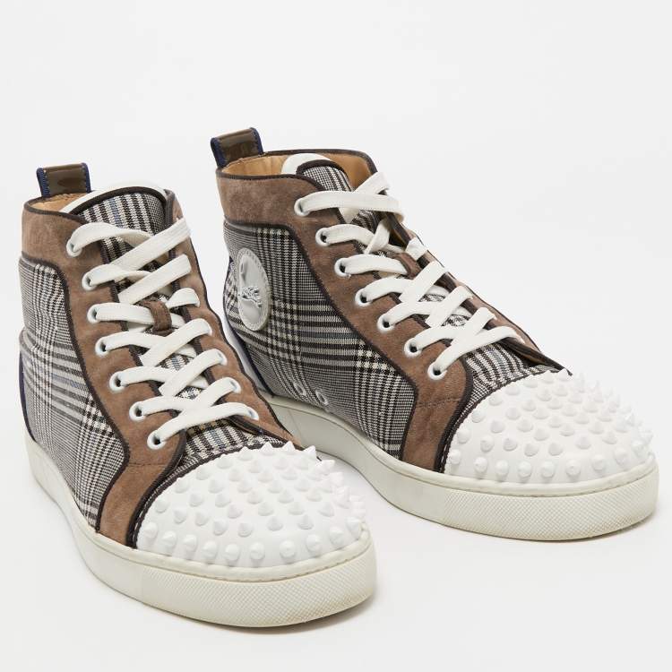 Pre Owned Christian Louboutin Multicolor Check Fabric And Leather Louis Spike High Top Sneakers Size 42.5