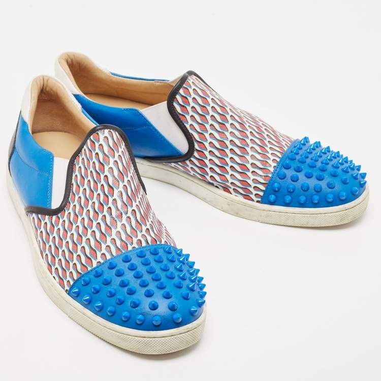 مملوكة مسبقًا Christian Louboutin Blue Spike Leather and Loubi Print Nazapunta Skate Sneakers Size 41.5