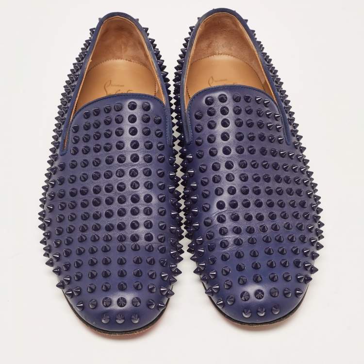 Pre Owned Christian Louboutin Navy Blue Leather Dandelion Spike Smoking Slippers Size 42.5